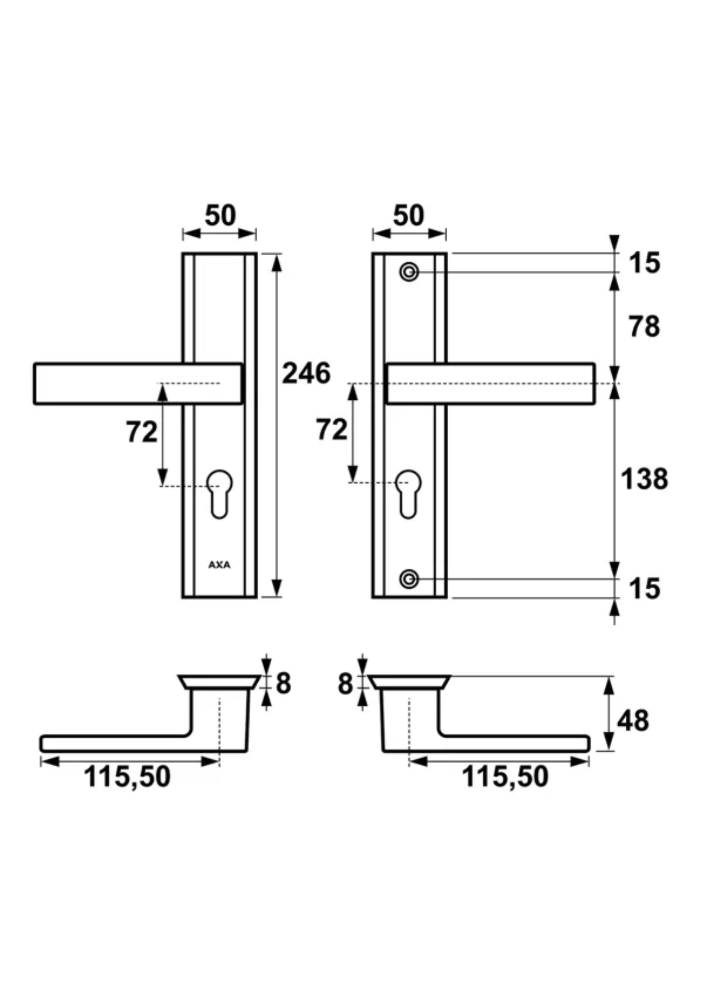 AXA HAGA++ zestaw INOX gr. skrzydła 68-72 , rozstaw 72mm - obrazek 2