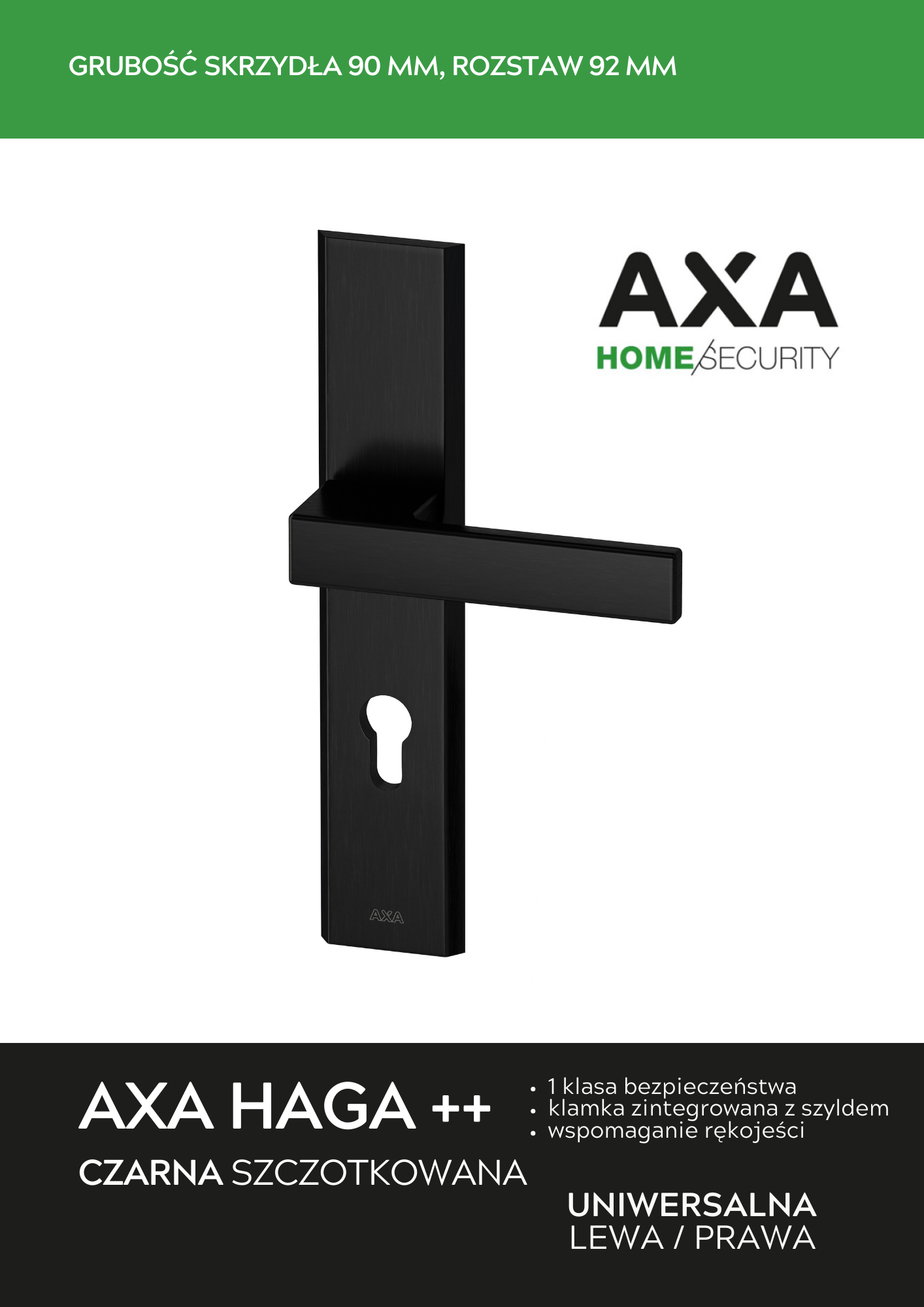 KLAMKA AXA HAGA++ CZARNA Grubość skrzydła 90 mm, rozstaw 92 mm