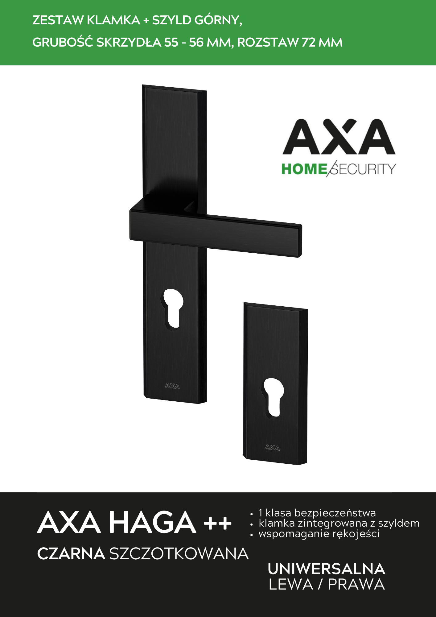 ZESTAW klamka + szyld górny, Grubość skrzydła 55-56 mm, rozstaw 72 mm