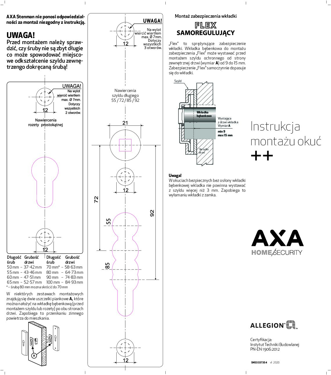 KLAMKA AXA ROYAL++ INOX ( ZESTAW klamka + szyld górny) grubość skrzydła 55- 56 mm, rozstaw 72 mm - obrazek 3