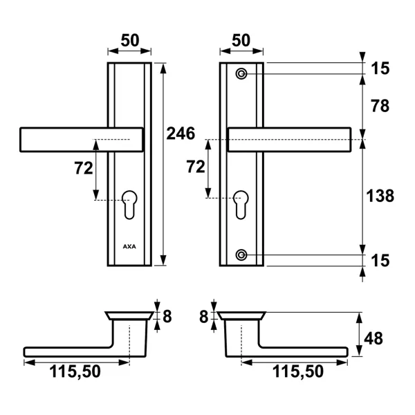 ZESTAW klamka + szyld górny, Grubość skrzydła 55-56 mm, rozstaw 72 mm